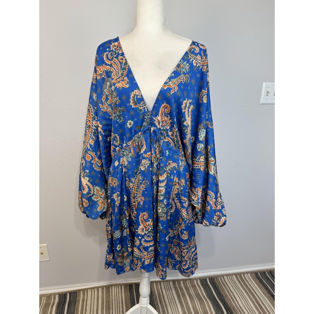 Free People Arzel Paisley Open Back Dress Women's L Blue Long Sleeve Boho Mini